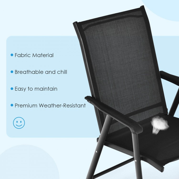 Black outdoor patio folding chair featuring ergonomic armrests, weather-resistant fabric, ideal for indoor and outdoor.